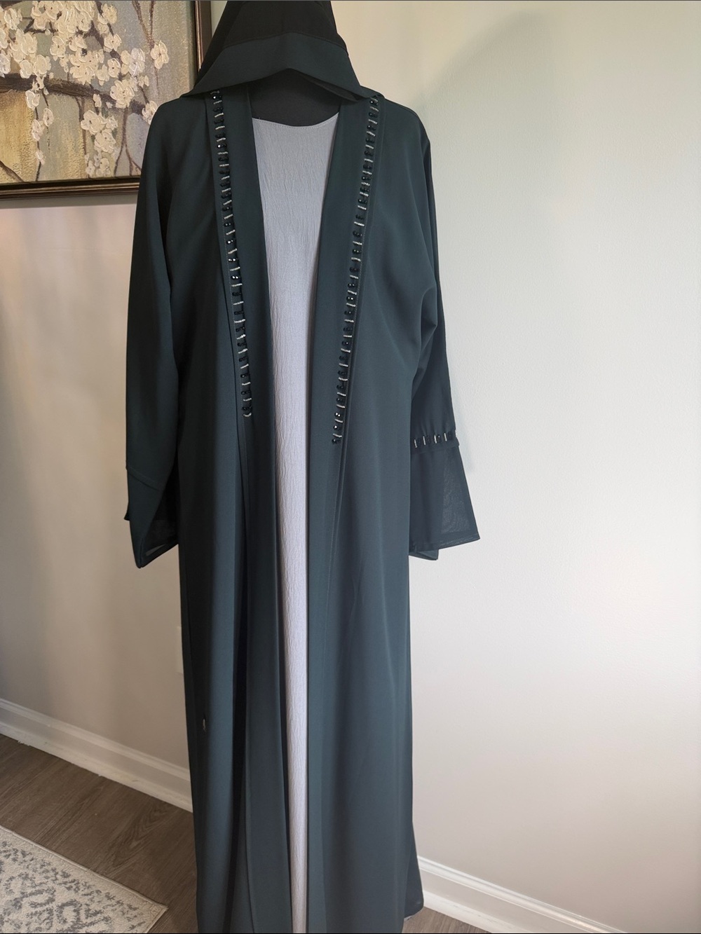 Beautiful modest open abaya in a rich dark green (teal tone).